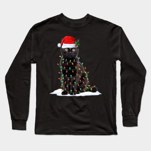 Black Cat Christmas Lights Funny Cat Xmas Lover Long Sleeve T-Shirt